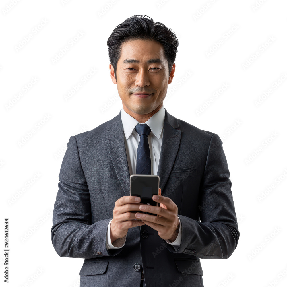 Confident Businessman Holding Smartphone with a Warm, Engaging Smile Confident Businessman Holding Smartphone with a Warm, Engaging Smile