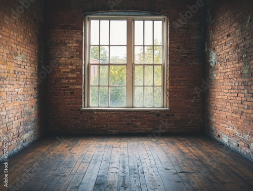 A room with a window and a brick wall