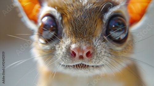 nose of the squirrel sniffing the camera lense, white background
