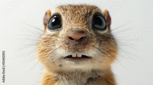 nose of the squirrel sniffing the camera lense, white background