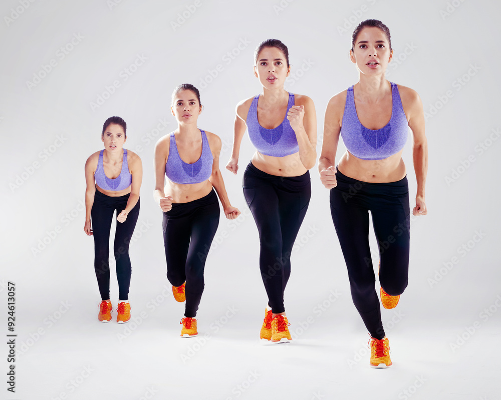 Fototapeta premium Woman, running and fitness with series for workout, exercise or speed on a white studio background. Active female person or young runner with motion or composite in sprint or race for cardio training