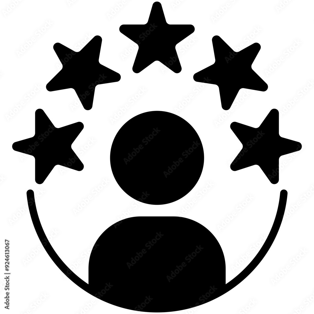 Five star satisfaction rating. Experience icon with rating stars and customer silhouette. Vector icon for apps and websites