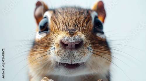 nose of the squirrel sniffing the camera lense, white background