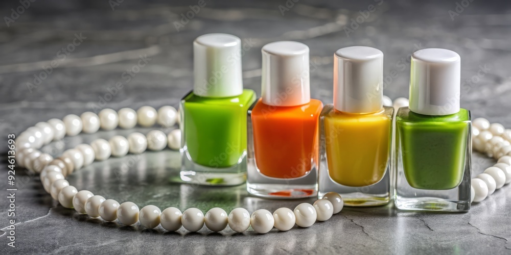 Vibrant green, orange, and white nail polish bottles sit alongside a delicate white and purple bracelet on a soft, natural grey-brown textured background.
