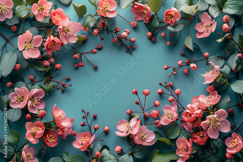flowers with a white frame on a green background, in the style of light sky-blue and light pink, vintage minimalism, aerial view, bright backgrounds, uhd image, symmetrical arrangement --ar 3:2 --styl