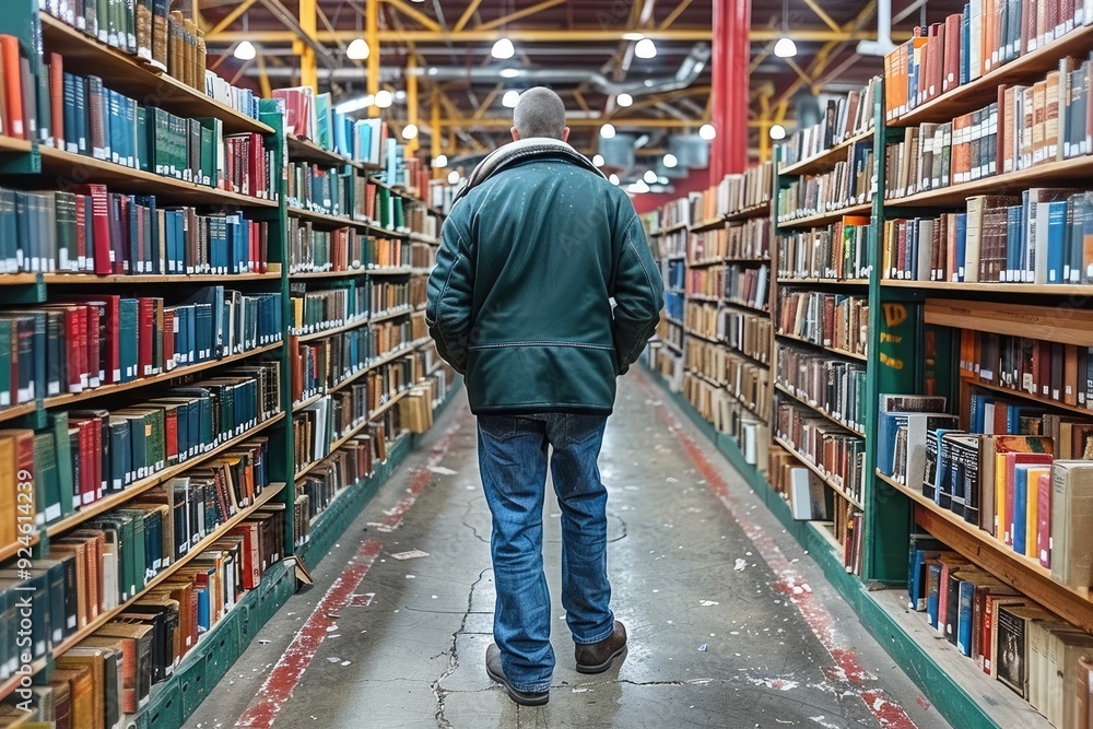 A Man Walks Through a Library Aisle Filled with Books A Man Walks Through a Library Aisle Filled with Books