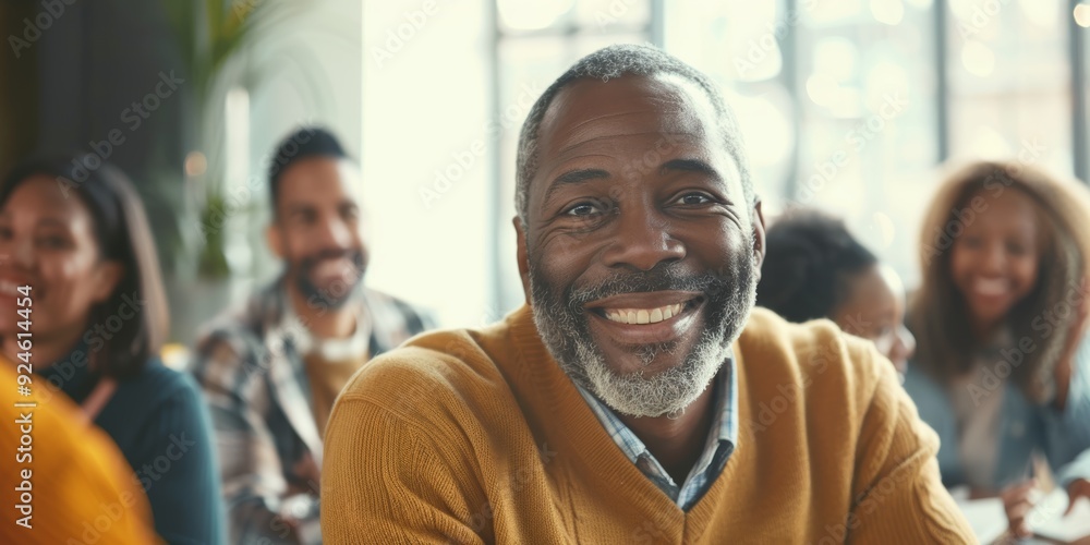 Fototapeta premium Happy black man, headshot, business meeting, office teamwork, management, and workflow help for startup startups. Motivated smile, mature leadership, boss, or workshop collaboration