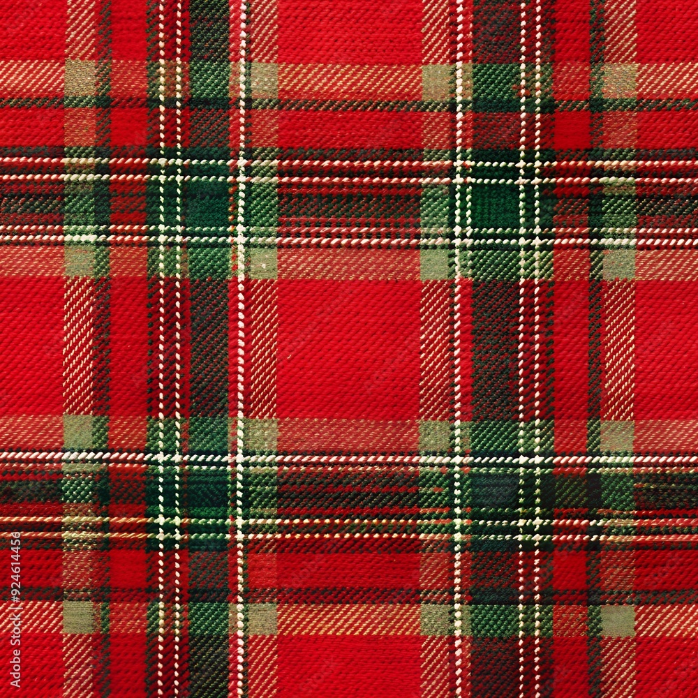 Festive red and green plaid fabric with subtle sheen, featuring classic Christmas tartan pattern with intricate woven design, perfect for holiday crafting projects. texture Festive red and green plaid fabric with subtle sheen, featuring classic Christmas tartan pattern with intricate woven design, perfect for holiday crafting projects. texture