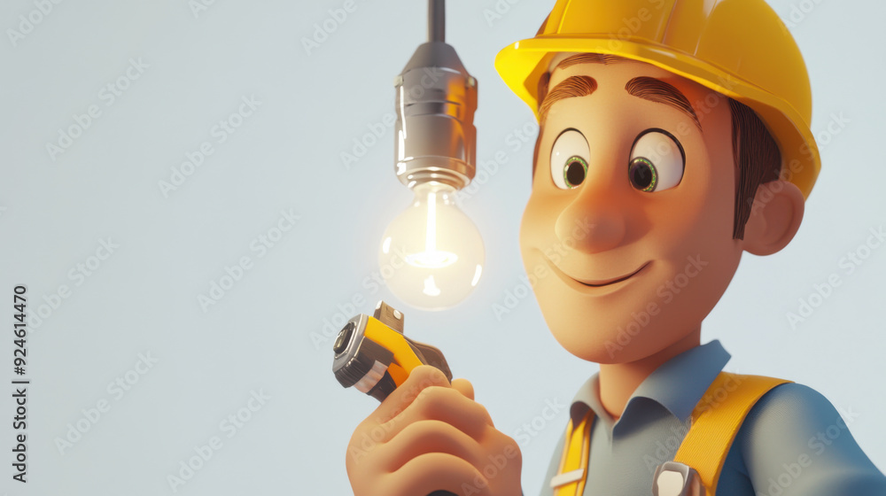 A 3D cartoon electrician repairing a light fixture, with a bright white background emphasizing A 3D cartoon electrician repairing a light fixture, with a bright white background emphasizing