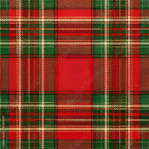 Festive red and green plaid fabric with subtle sheen, featuring classic Christmas tartan pattern with intricate woven design, perfect for holiday crafting projects. texture
