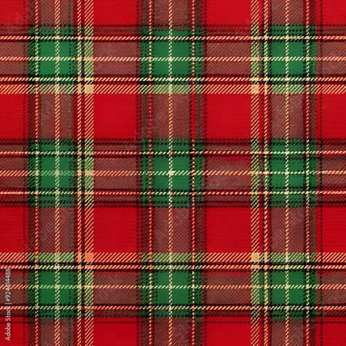 Festive red and green plaid fabric with subtle sheen, featuring classic Christmas tartan pattern with intricate woven design, perfect for holiday crafting projects. texture