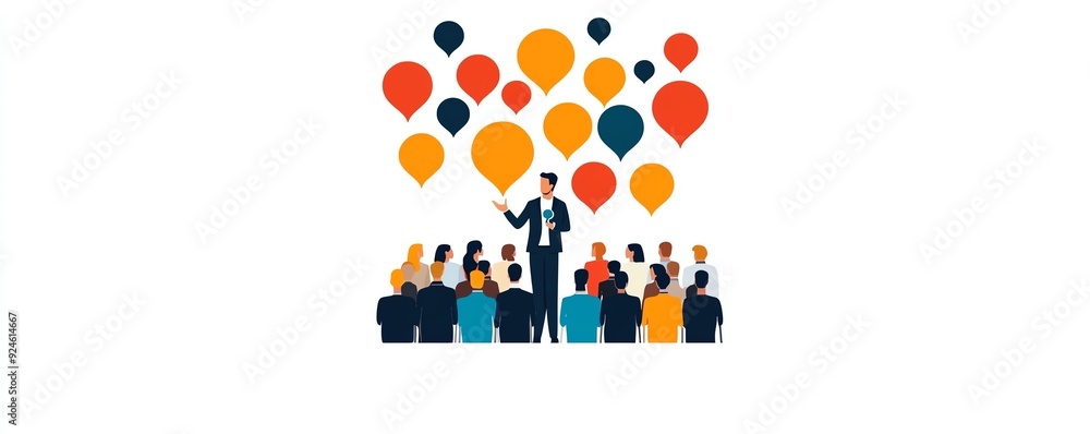 Business presentation illustration with a speaker addressing a diverse audience. Colorful speech bubbles symbolize ideas and communication. Business presentation illustration with a speaker addressing a diverse audience. Colorful speech bubbles symbolize ideas and communication.
