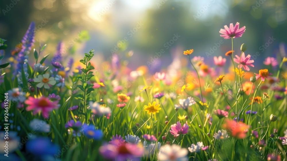 A wildflower meadow in a summer garden filled with colorful wildflowers swaying in the breeze. A wildflower meadow in a summer garden filled with colorful wildflowers swaying in the breeze.