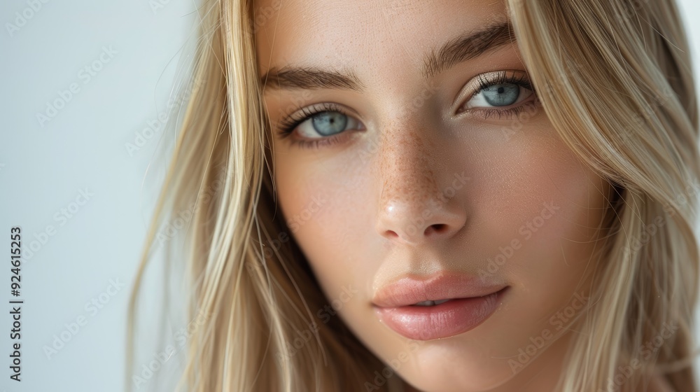 Fototapeta premium Stunning blonde woman in studio with natural skincare, hair care, and aesthetic wellness. Skin, female model, cosmetic dermatology, salon shampoo, and healthy shine
