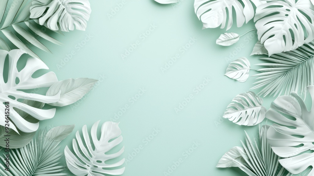 Serene Monotone Tropical Foliage Arrangement on Mint Background with Copy Space for Botanical Design Concept, Generative Ai Serene Monotone Tropical Foliage Arrangement on Mint Background with Copy Space for Botanical Design Concept, Generative Ai