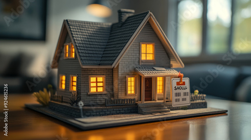 A visual featuring a classic house model placed on a desk, accompanied by a "Sale" label