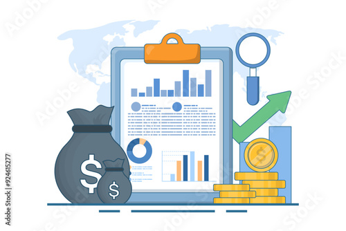 accounting or finance concept, business plan and budget, analyst, accountant, economy, investment growth or income profit, flat illustration vector banner and background.