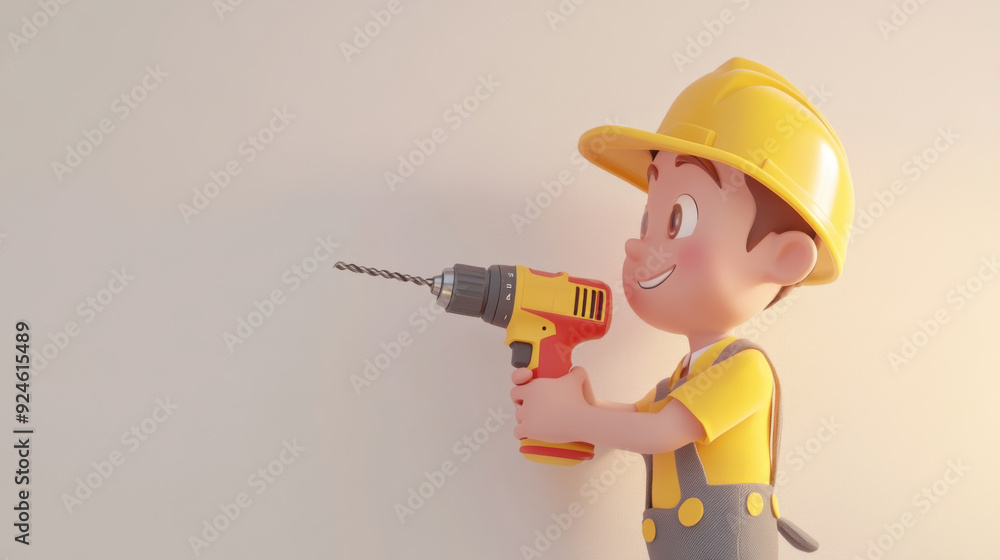 A 3D cartoon handyman using a drill to fix a wall, with a minimalist white backdrop and A 3D cartoon handyman using a drill to fix a wall, with a minimalist white backdrop and