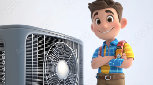 A 3D cartoon HVAC technician servicing an air conditioning unit, with a bright white backdrop.