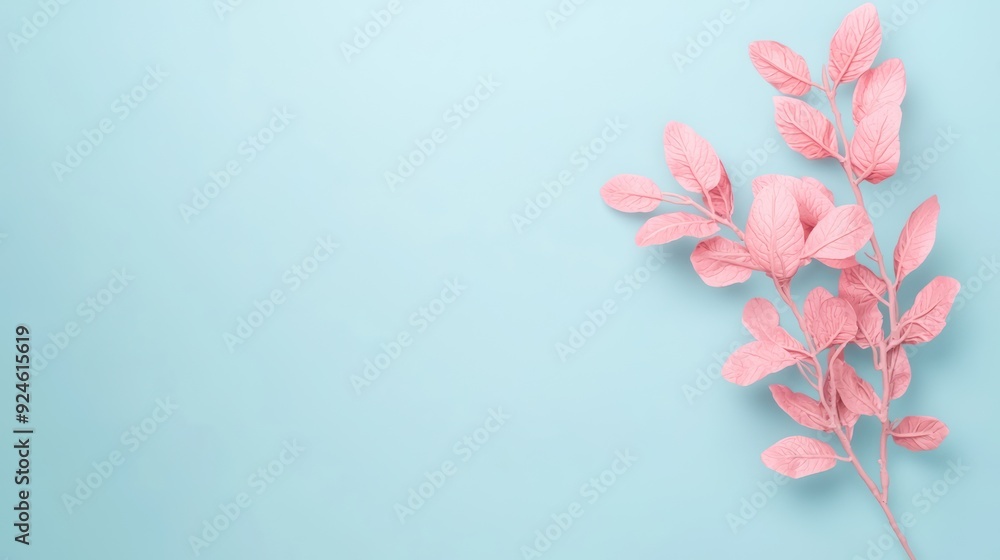 Fototapeta premium Serene Pink Foliage Harmony on Pale Blue - Minimalist Botanical Composition with Copy Space, Generative Ai