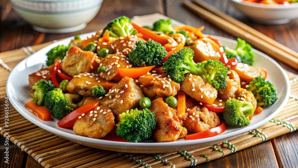 Vibrant orange and red Chinese-inspired stir-fry dish with crispy chicken, broccoli, and carrots, garnished with sesame seeds and served on a white plate. Vibrant orange and red Chinese-inspired stir-fry dish with crispy chicken, broccoli, and carrots, garnished with sesame seeds and served on a white plate.