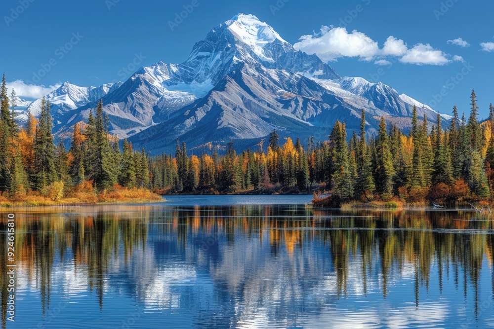Majestic Mountain Reflected in a Still Lake with Autumnal Trees Majestic Mountain Reflected in a Still Lake with Autumnal Trees