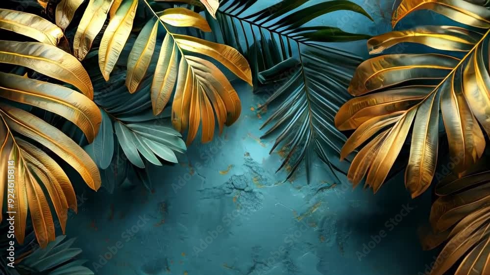 A video of green and gold palm leaves swaying under neon rays by the sea. Ideal for tropical, beach, or summer-themed designs with a fresh vibe. Perfect for backgrounds or text placement.