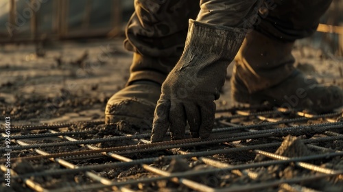 A close-up shot of a person wearing a hard hat and safety glasses, focused on their work on a busy construction site