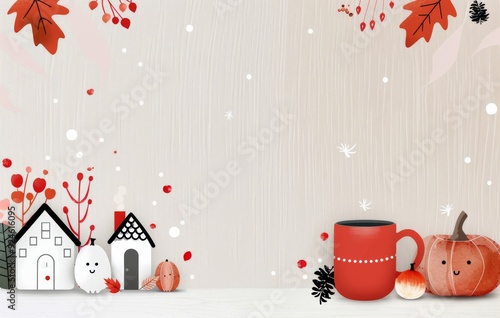 Cozy Autumn Decor With Pumpkins, Red Leaves, and Cute Houses