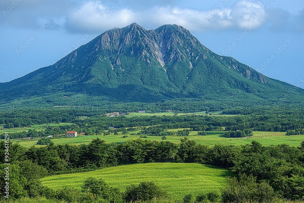 Fototapeta premium Mountainous Landscape with Lush Green Foliage and a Clear Blue Sky