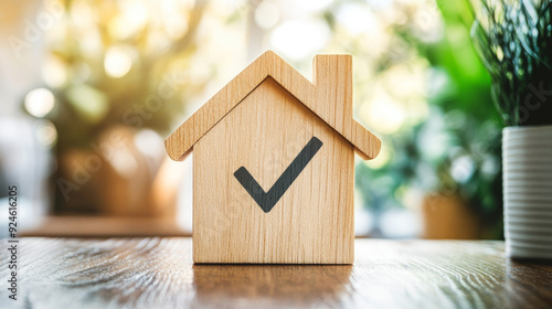  A visual featuring a wooden house model placed on a desk with a check mark symbol. This image represents home inspections, adherence to standards, and certifications for real estate safety. photo