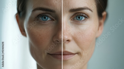 One half of a woman's face shows signs of aging, while the other half appears youthful, highlighting a contrast during a skincare discussion