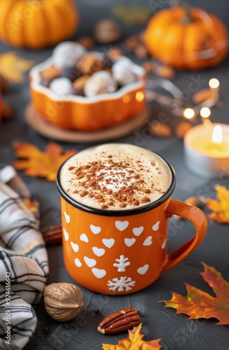 Cozy Autumn Coffee With Pumpkin Decor and Treats on a Wooden Table