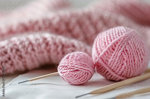 Pink Yarn Ball and Knitting Needles With Soft Knit Fabric