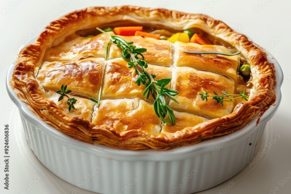 A golden-brown pie with a flaky crust, filled with colorful vegetables and herbs. A golden-brown pie with a flaky crust, filled with colorful vegetables and herbs.