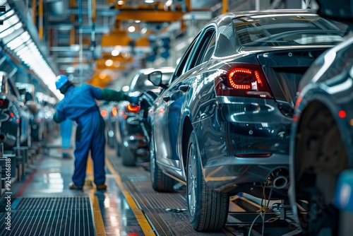 Worker fixing car at modern factory, cinematic shot of plant painting multiple cars