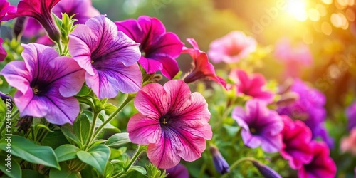 Vibrant pink and purple petunia flowers bloom in close proximity, showcasing delicate petals and lush green leaves in a sunny garden or balcony setting.