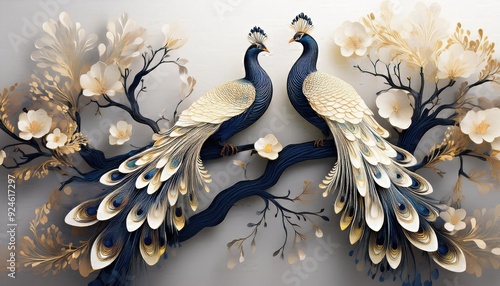 Fototapeta Naklejka Na Ścianę i Meble -  Peacock feather pattern, Elegant Peacocks Perched on Golden Branches, Luxurious 3D Wall Art with White and Blue Feathers