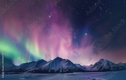 Vibrant Northern Lights Over Snow-Capped Mountains in Winter Night