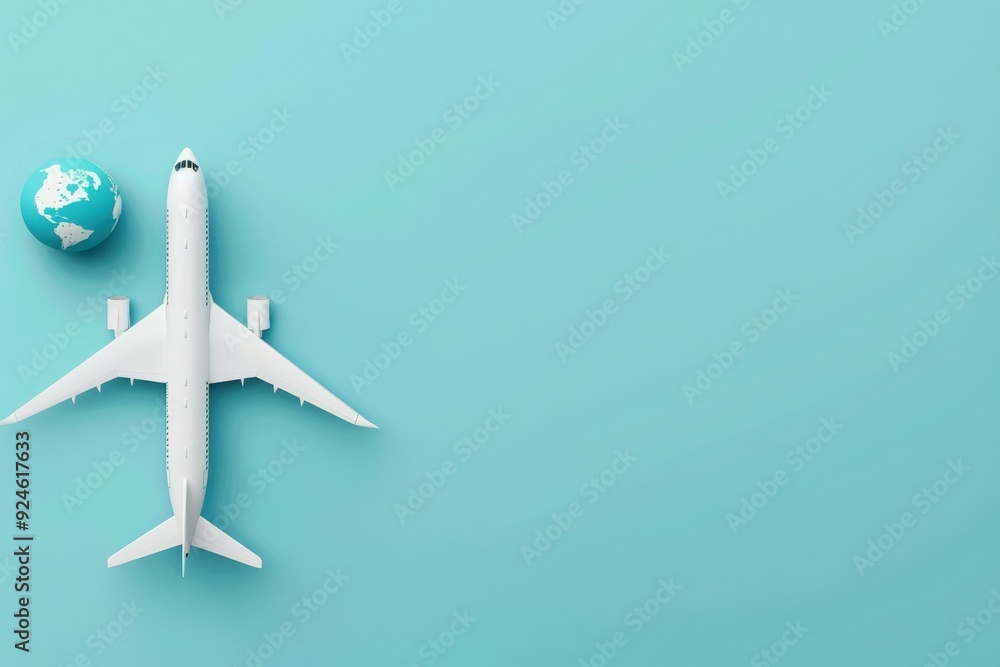 A detailed airplane model sits next to a globe, symbolizing the adventure of global exploration against a calming backdrop. A detailed airplane model sits next to a globe, symbolizing the adventure of global exploration against a calming backdrop.