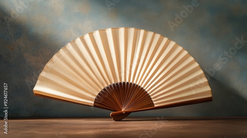 A stylish folding fan in a traditional Japanese setting, accented by flowers and jars with sunlit ambiance. photo