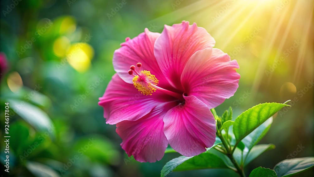 Vibrant pink hibiscus flower with delicate, ruffled petals and prominent yellow center, set against a lush green background with soft, filtered light. Vibrant pink hibiscus flower with delicate, ruffled petals and prominent yellow center, set against a lush green background with soft, filtered light.