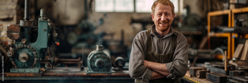 Man standing with arms crossed in a workshop filled with machinery, smiling confidently at the camera in a productive environment. Man standing with arms crossed in a workshop filled with machinery, smiling confidently at the camera in a productive environment.