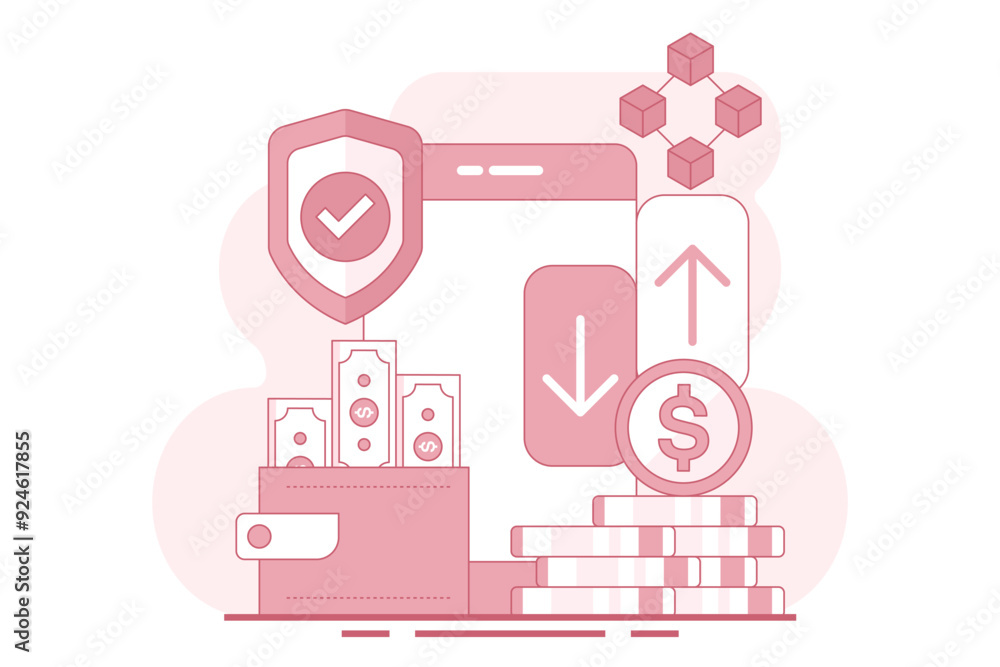 Concept of Mobile wallet or saving money online. online banking infographics, mobile bill payments, start-up business projects, online surveys, business planning. flat vector illustration. Concept of Mobile wallet or saving money online. online banking infographics, mobile bill payments, start-up business projects, online surveys, business planning. flat vector illustration.