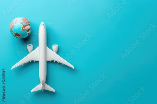 Wallpaper Mural A sleek model airplane sits alongside a globe, symbolizing adventure and global travel against a bright turquoise background. Torontodigital.ca