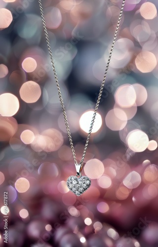 Heart-Shaped Diamond Pendant Hanging Against a Blurred Background of Sparklin...