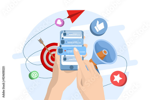 Concept of sending email to friends, email marketing, holding smartphone with contact list on screen, referring friends, flat illustration vector template for website banner, landing page.