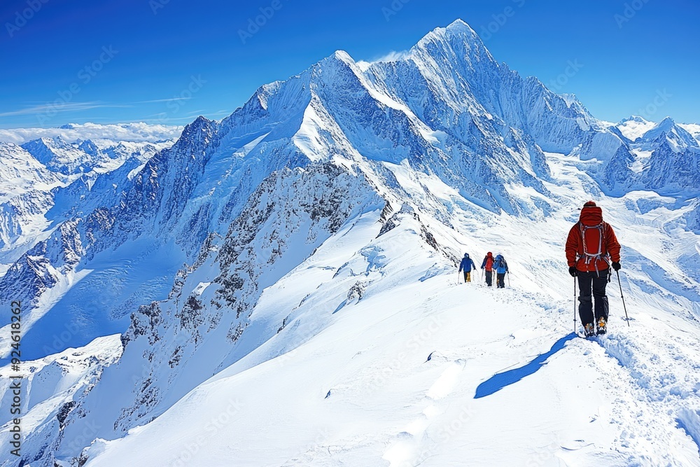 Hikers Ascending a Snow-Covered Mountain Ridge Hikers Ascending a Snow-Covered Mountain Ridge