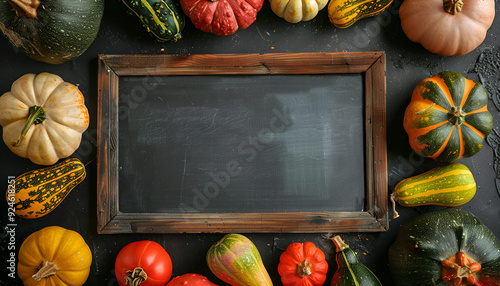 Pumpkins and variety of squash around a chalkboard