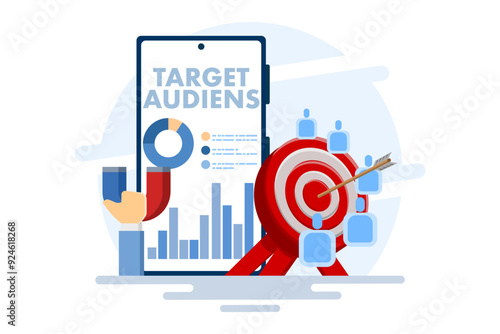Target audience concept, advertising placement on social networks in smartphone applications, customer outreach, digital targeting marketing, business goals, sales generation. flat vector illustration